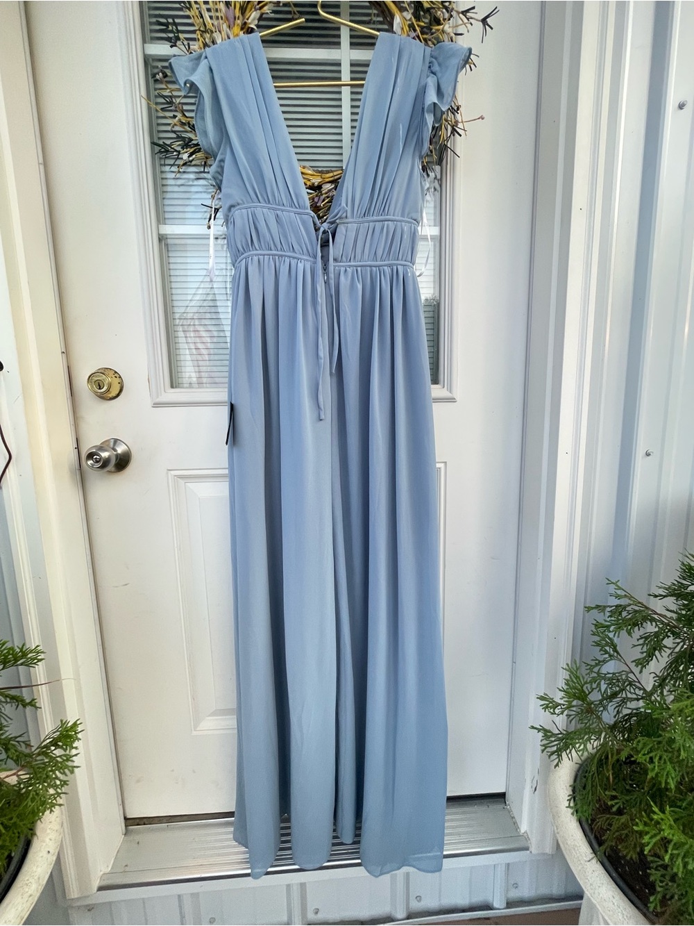 Lulu's Dusty Blue Deep V Maxi Dress with Ruffle Cap Sleeves - Picture 5 of 8
